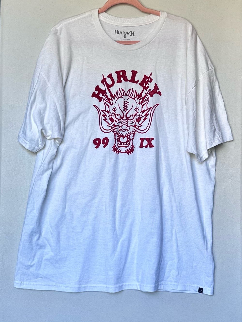 Hurley White Short-Sleeve Tee with Maroon Dragon Graphic